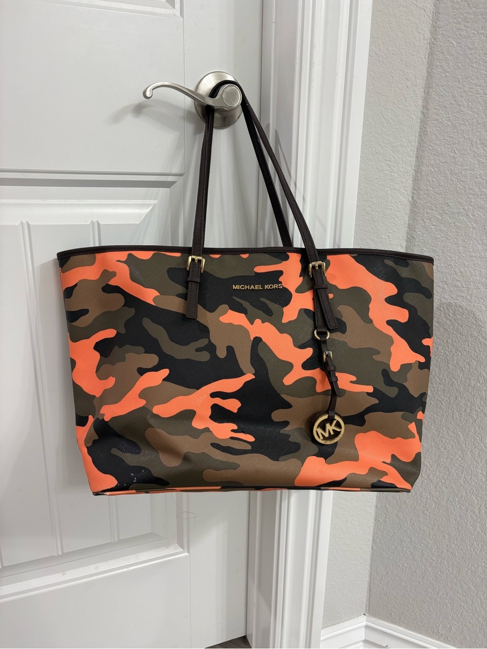 Michael Kors Orange Camo Reversible Jet Set Tote
